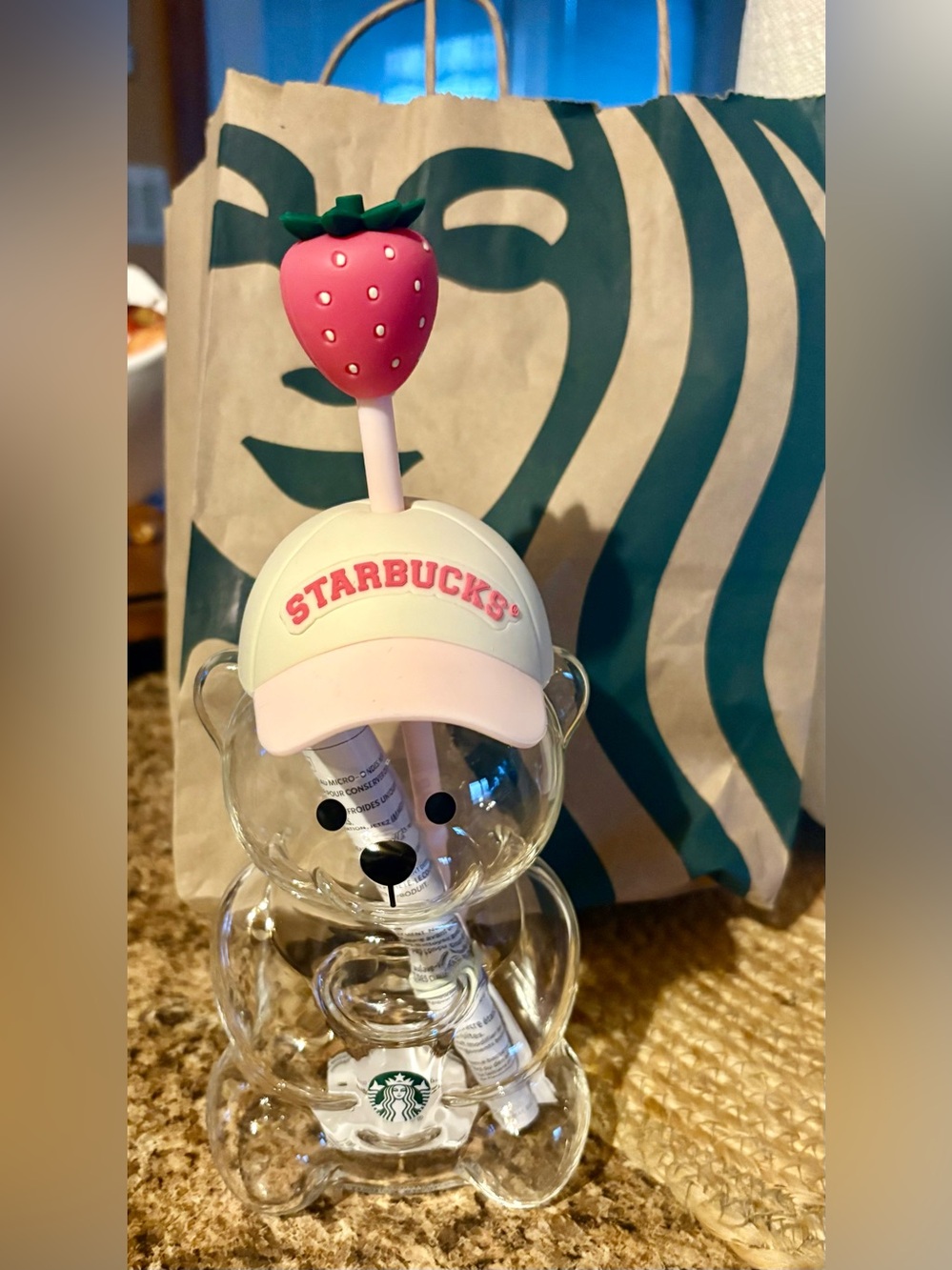 Starbucks Pink Strawberry Bear Straw Topper and Pink 🧢